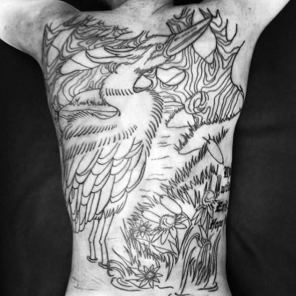 Artistic Full Back Black Ink Male Heron Bird Tattoo Ideas