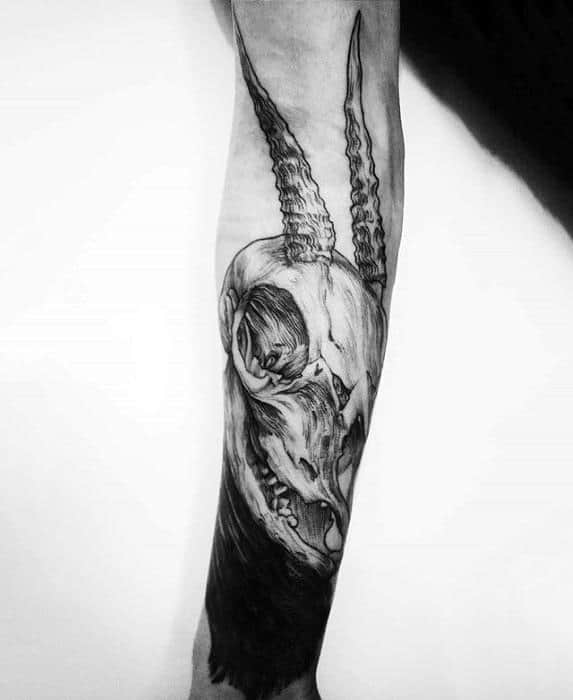 Artistic Goat Skull Male Leg Tattoos