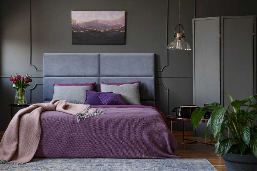 purple bed with gray headboard