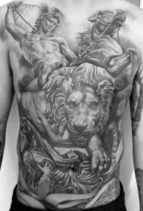Artistic Male 3d Full Chest Lion Statue Tattoo Ideas