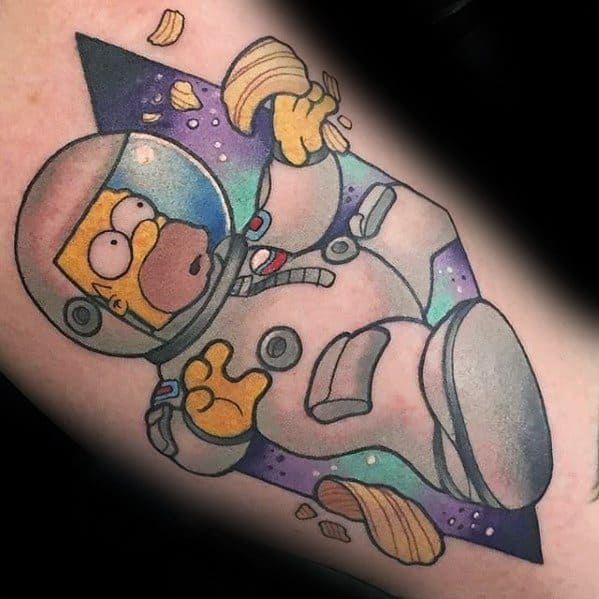Artistic Male Astronaut Themed Homer Simpson Arm Tattoo Ideas