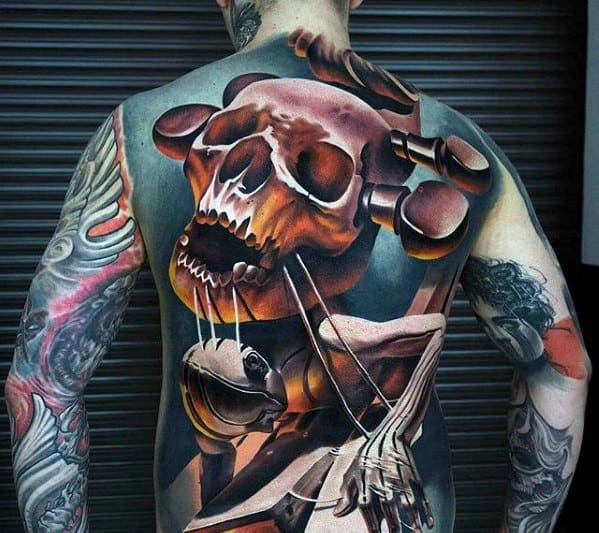 Artistic Male Awesome Back Violin Skull 3d Realistic Tattoo Ideas
