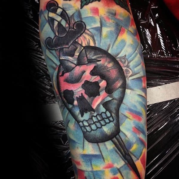 Artistic Male Blast Over Tattoo Ideas With Skull And Dagger Traditional Design