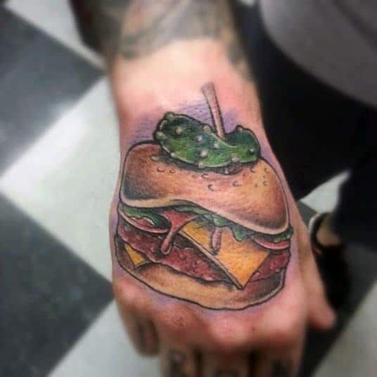 Artistic Male Cheeseburger Hand Tattoo Ideas