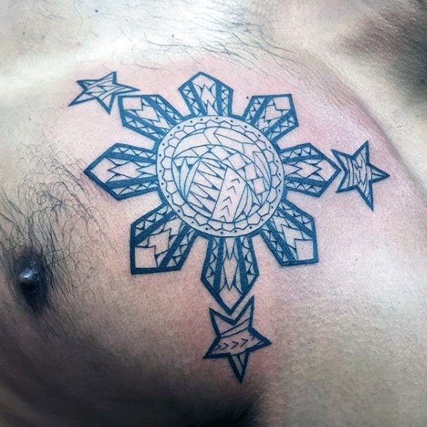 Artistic Male Chest Filipino Sun Tattoo Ideas