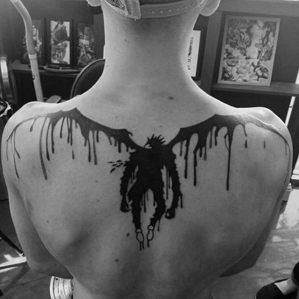 Artistic Male Death Note Tattoo Ideas Watercolor Black Ink Design On Upper Back