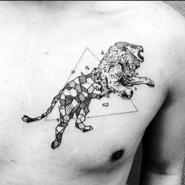 Artistic Male Geometric Jumping Lion Chest Tattoo Ideas