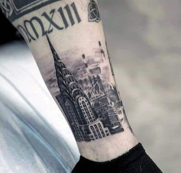 Artistic Male New York Skyline Tattoo Ideas On Lower Leg