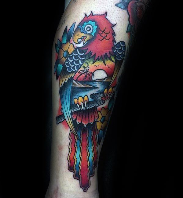 Artistic Male Parrot Side Of Leg Colorful Tattoo Ideas