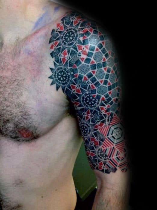 Artistic Male Red And Black Half Sleeve Tattoo Ideas