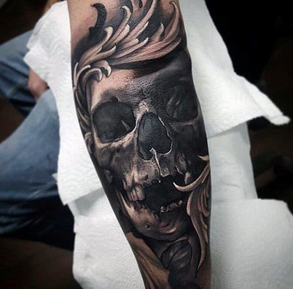 Artistic Male Skull Sleeve Greatest Tattoo Ideas 