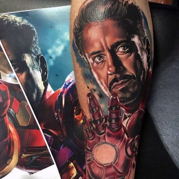 Artistic Male Superhero Iron Man Tattoo Ideas On Leg