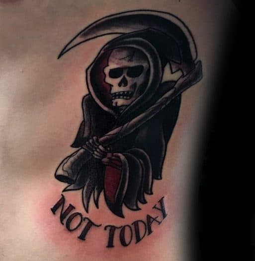 Artistic Male Traditional Grim Reaper Not Today Rib Cage Side Tattoo Ideas