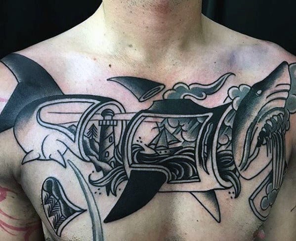 Artistic Male Traditional Shark Upper Chest Tattoos