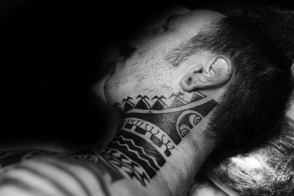 Artistic Male Tribal Neck Tattoo Ideas Black Ink