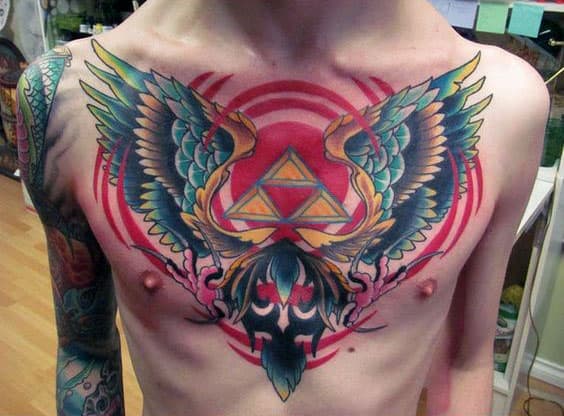 Artistic Male Triforce Wings Red Ink Chest Tatotos