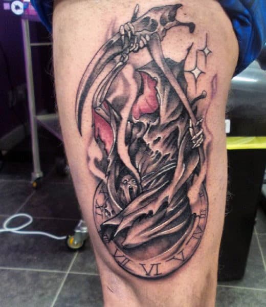 Artistic Men's Grim Reaper Tattoo On Upper Leg Thigh