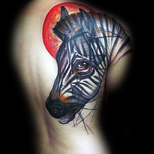 Artistic Mens Sketched Zebra Shoulder And Back Tattoos