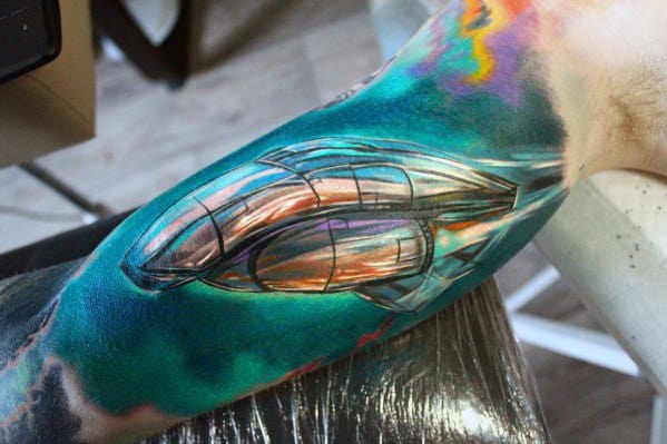 Artistic Mens Spaceship Quarter Sleeve Tattoo
