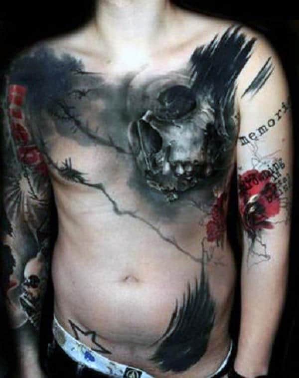 Artistic Mens Trash Polka Skull Chest Tattoo Designs
