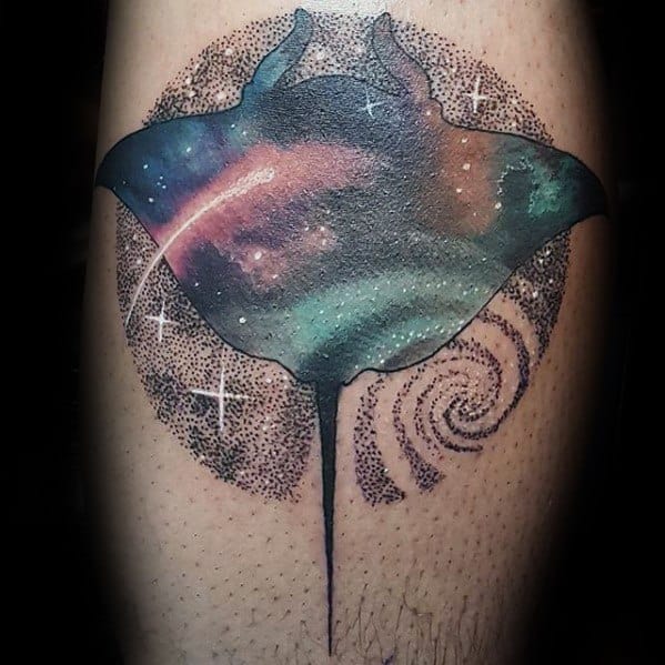 Artistic Outer Space Circle Male Manta Ray Tattoo Ideas On Leg