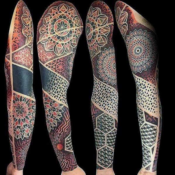 artistic-red-and-black-ink-male-geometric-sleeve-tattoo-ideas