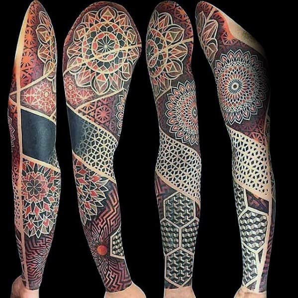 Artistic Red And Black Ink Male Geometric Sleeve Tattoo Ideas