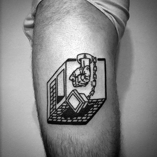 Artistic Simple Leg Computer With Chained Hand Mens Tattoo