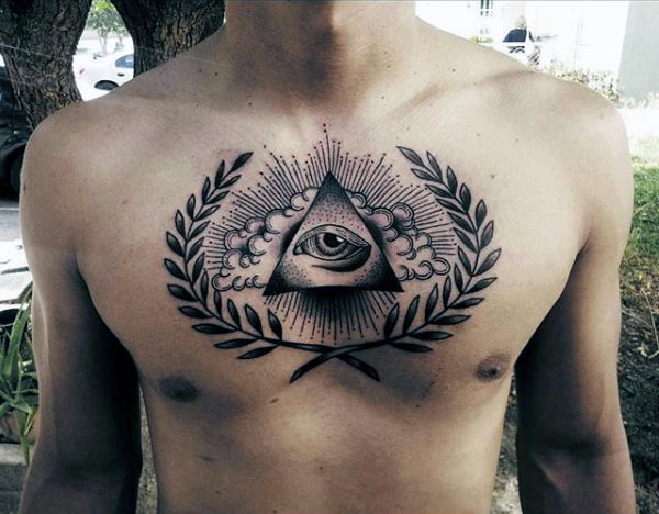 Artistic Triangle Eye Tattoo With Leaves On Chest For Men