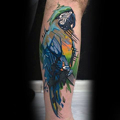 Artistic Watercolor Leg Parrot Guys Tattoos