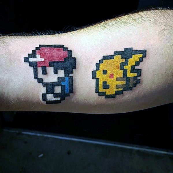 Ash And Pichacu Mens Pokemon 8 Bit Inner Forearm Tattoo