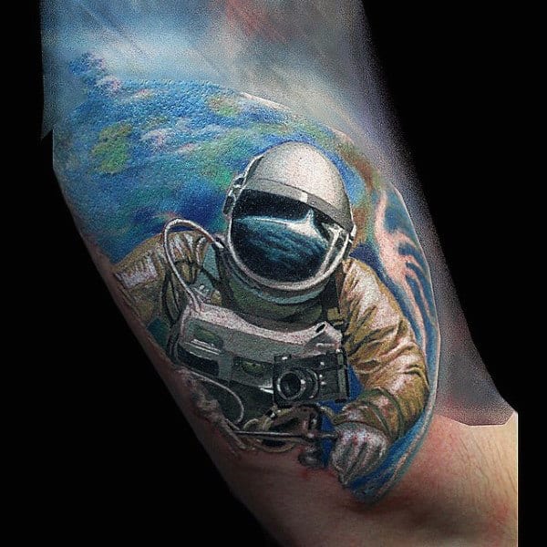 Astronaut Leaving Earth Tattoo Mens Forearms