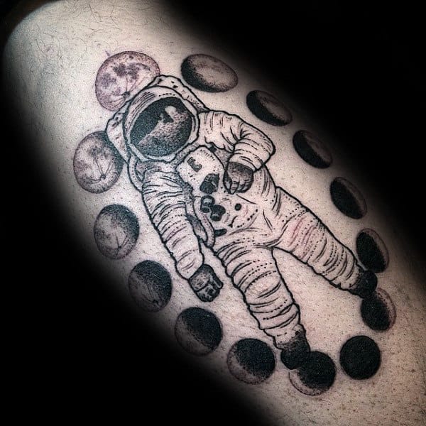 Astronaut Mens Detailed Phases Of The Moon Tattoos On Leg