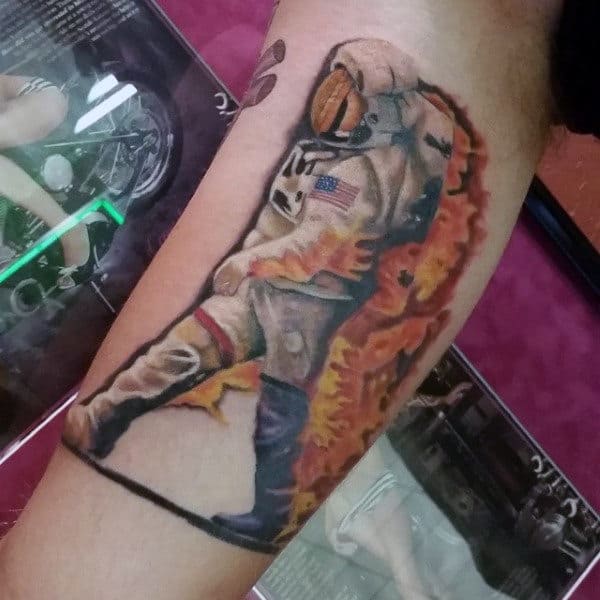 Astronaut On Fire Tattoo Mens Arms