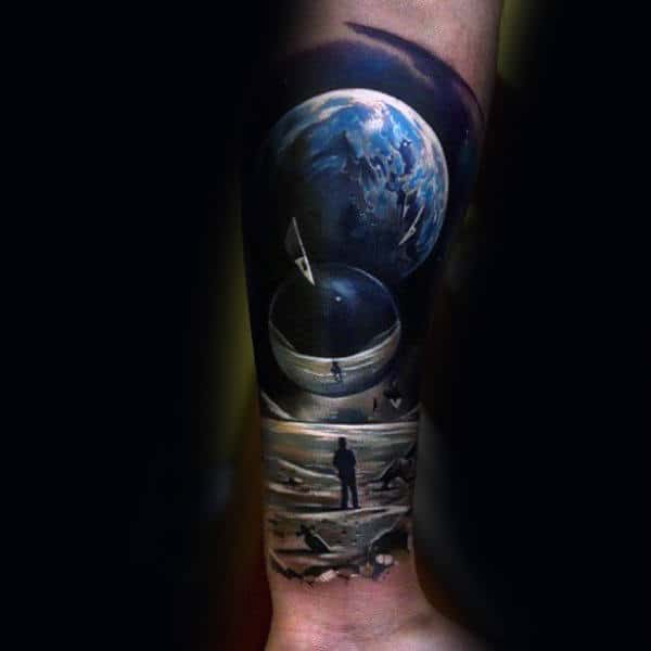 Astronaut On The Moon Earth Sky Forearm Sleeve Tattoos For Men