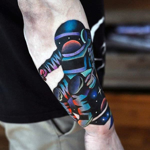 Astronaut Original Colorful Outer Forearm Tattoo Ideas For Guys