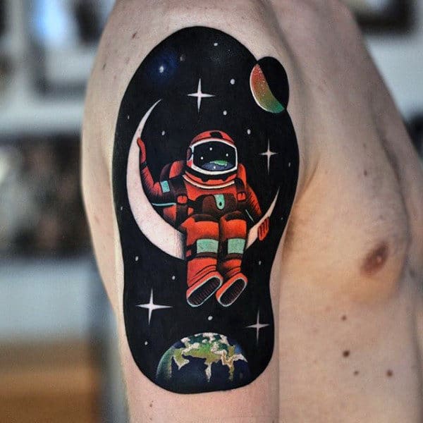 Astronaut Sitting On The Moon Amazing Guys Upper Arm Tattoos