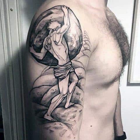 Atlas With Globe Mens Unique Arm Black And Grey Ink Tattoo