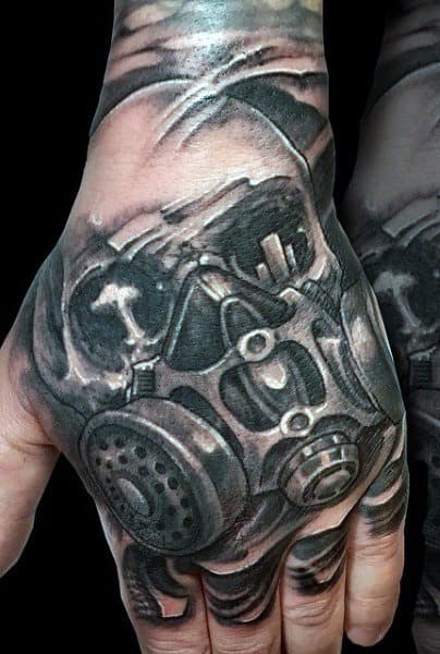 Atomic Gas Mask Tattoo On Mans Hands