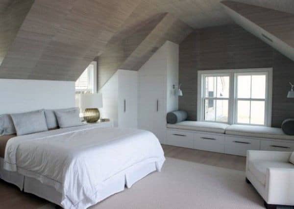 minimalist zen wood and light grey attic bedroom