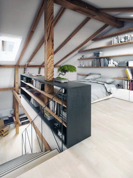 minimalist loft guest bedroom with exposed wood beams 