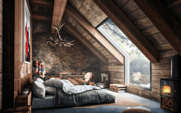 wood attic cabin bedroom