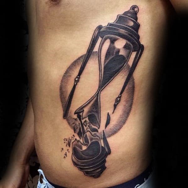 Awesome 3d Broken Hourglass Guys Rib Tattoo Design Ideas