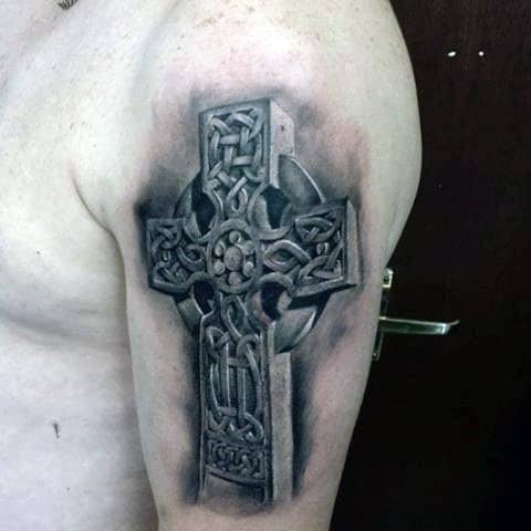 Awesome 3d Celtic Cross Tattoo On Mans Upper Arm