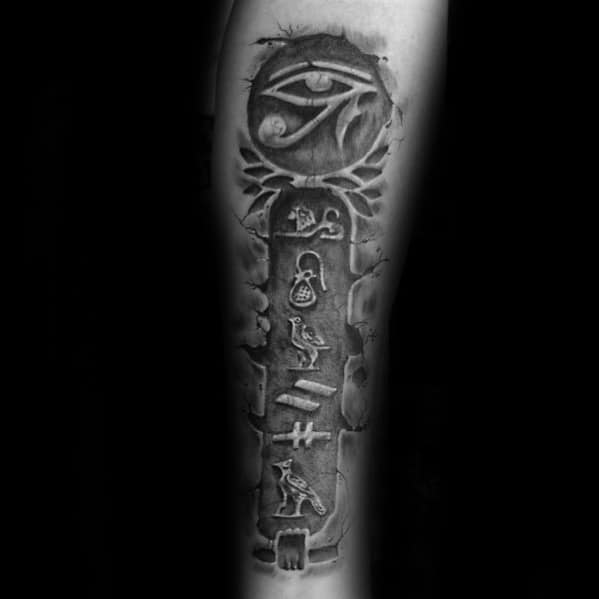 Awesome 3d Egyptian Hieroglyphics Inner Forearm Stone Tattoos For Men
