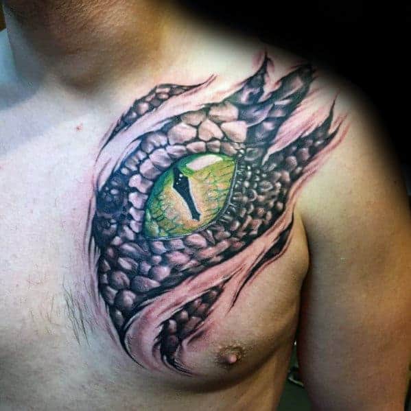 awesome-3d-green-dragon-eye-mens-ripped-skin-upper-chest-tattoo