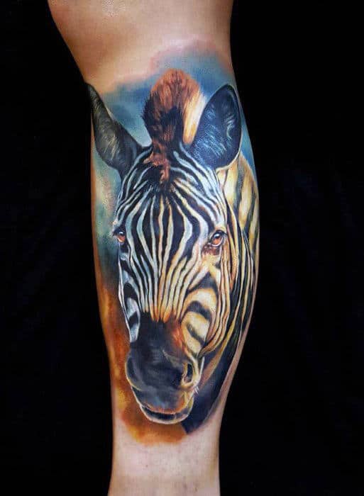 Awesome 3d Mens Realistic Zebra Leg Sleeve Tattoo Design Ideas