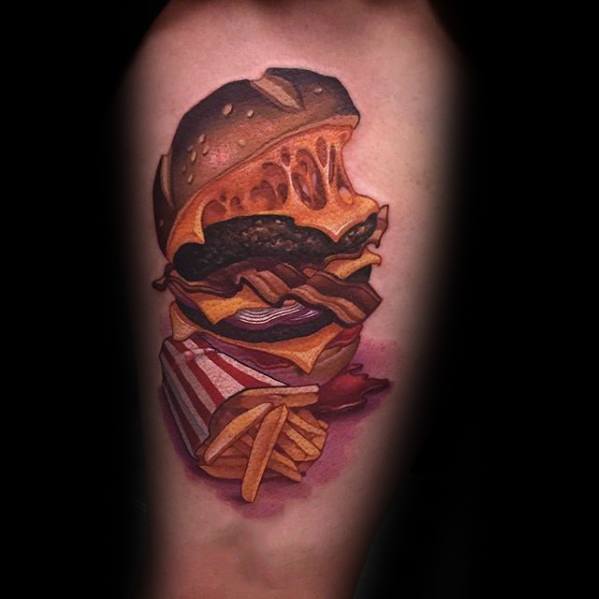 Awesome 3d Realistic Thigh Cheeseburger Tattoos For Men