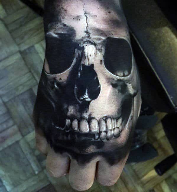Awesome 3d Shaded Skull Guys Hand Tattoos