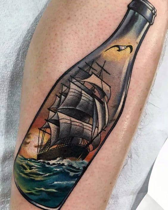 Awesome 3d Ship In A Bottle Leg Calf Tattoos For Males